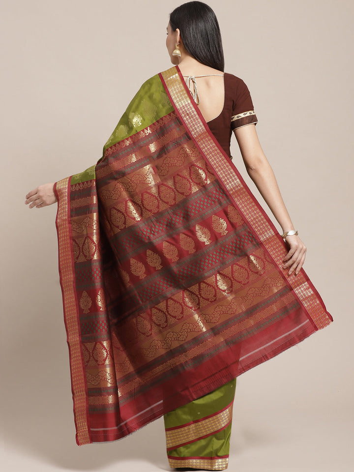Kanjiwaram Dupion Silk saree with Zari Weaving Contrast Border and Rich Temple Pallu