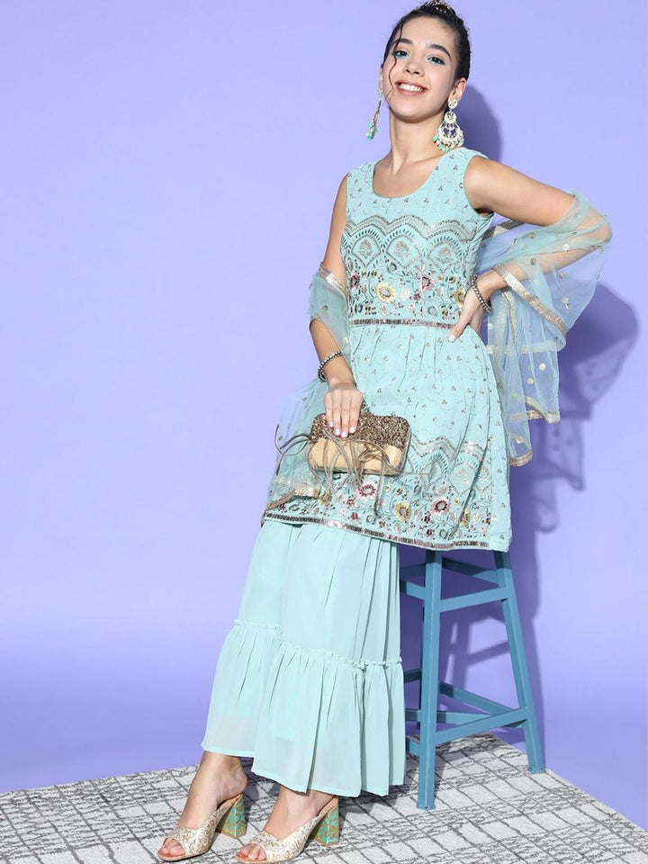 Dusty Blue Floral Peplum Kurta Sharara Set with Gold laces