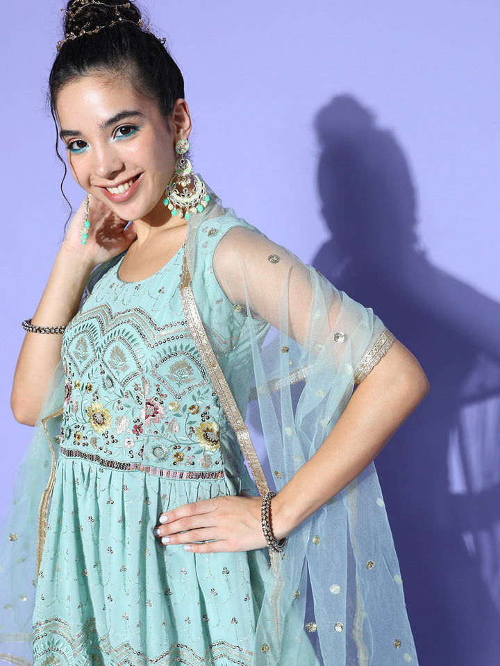 Dusty Blue Floral Peplum Kurta Sharara Set with Gold laces