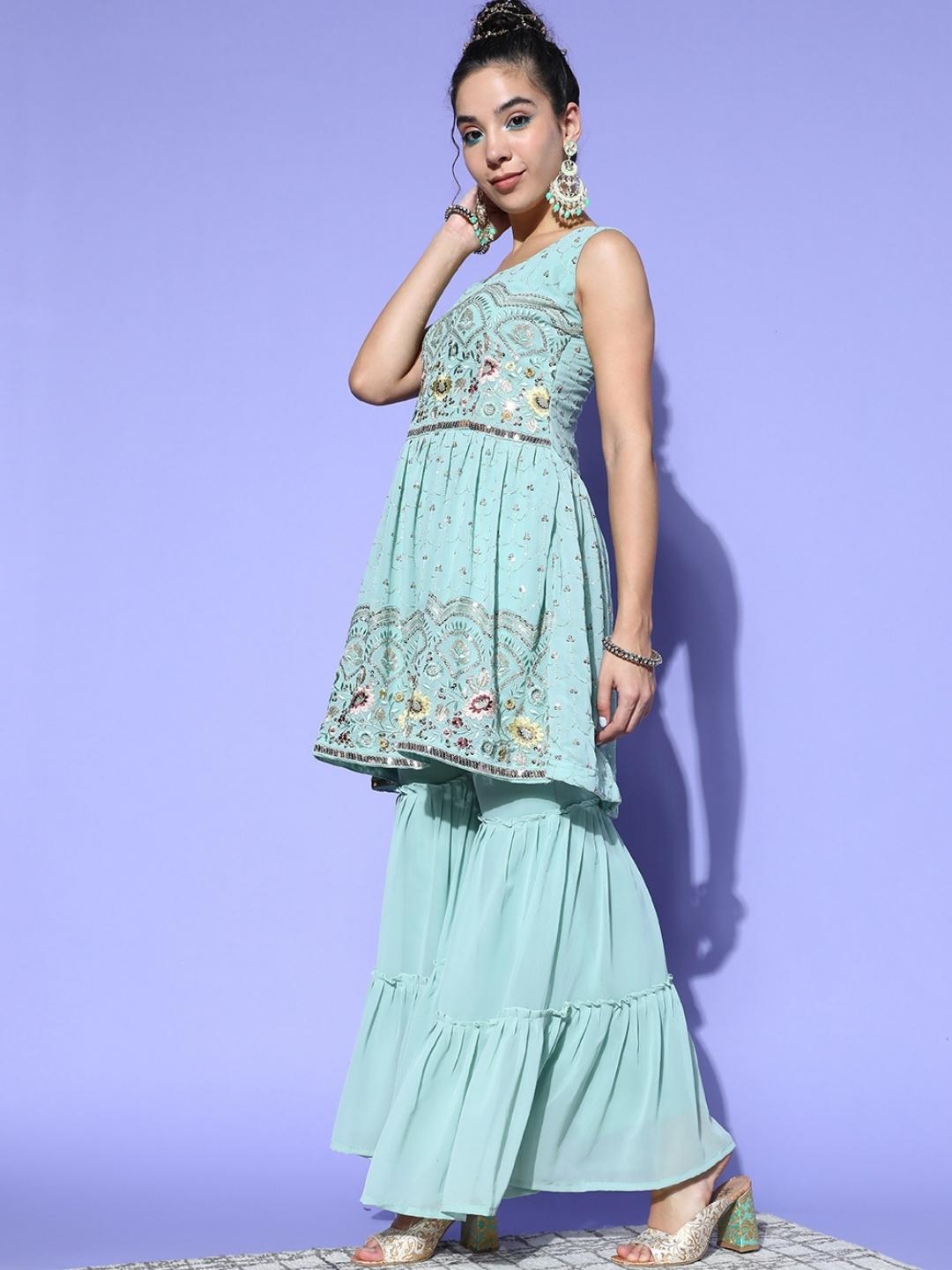 Dusty Blue Floral Peplum Kurta Sharara Set with Gold laces