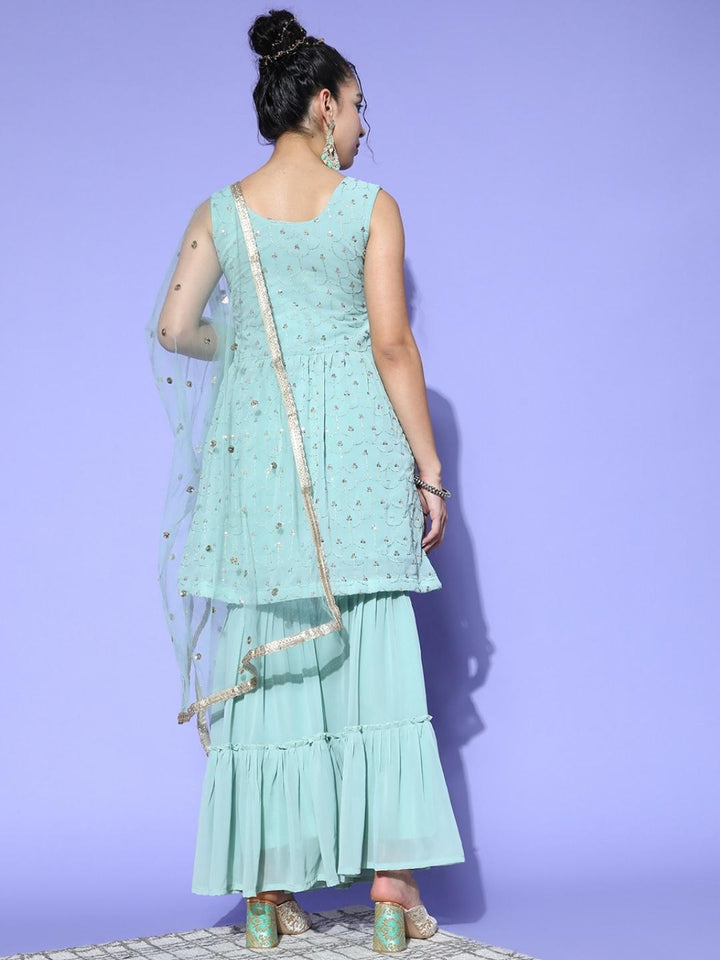Dusty Blue Floral Peplum Kurta Sharara Set with Gold laces