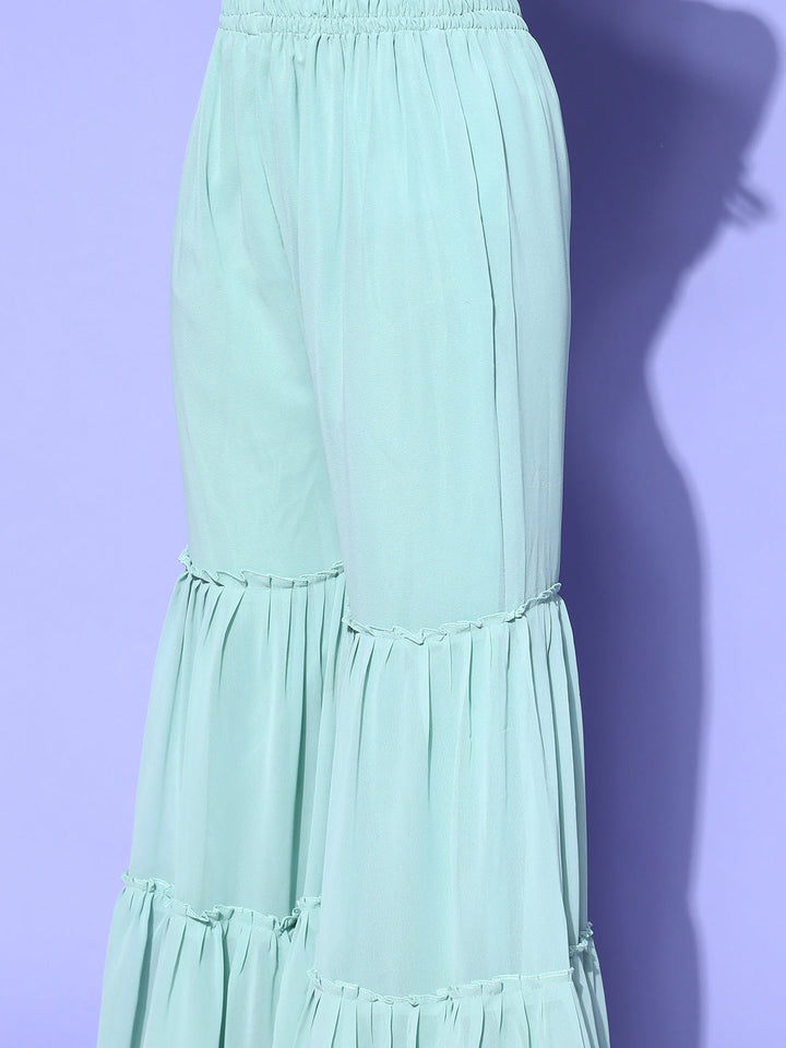 Dusty Blue Floral Peplum Kurta Sharara Set with Gold laces