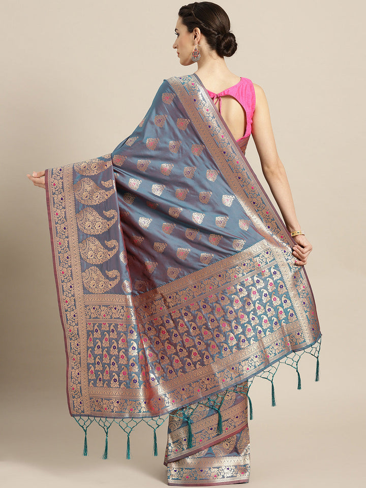 Banarasi Handloom Silk Saree with Floral Meenakari and Jhalar