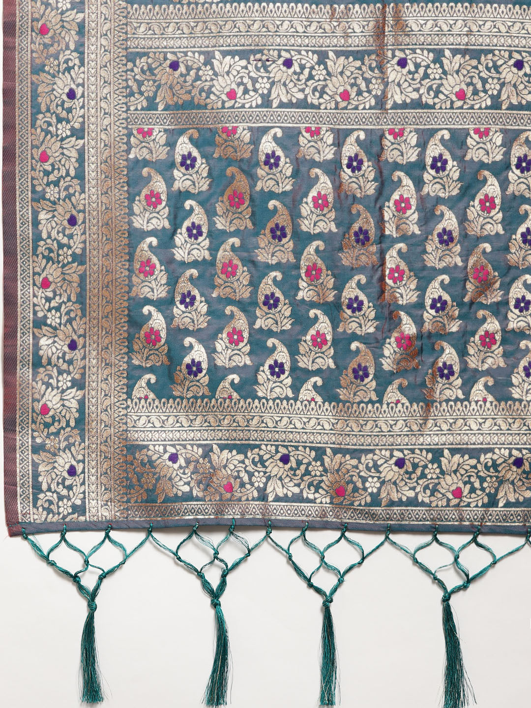 Banarasi Handloom Silk Saree with Floral Meenakari and Jhalar