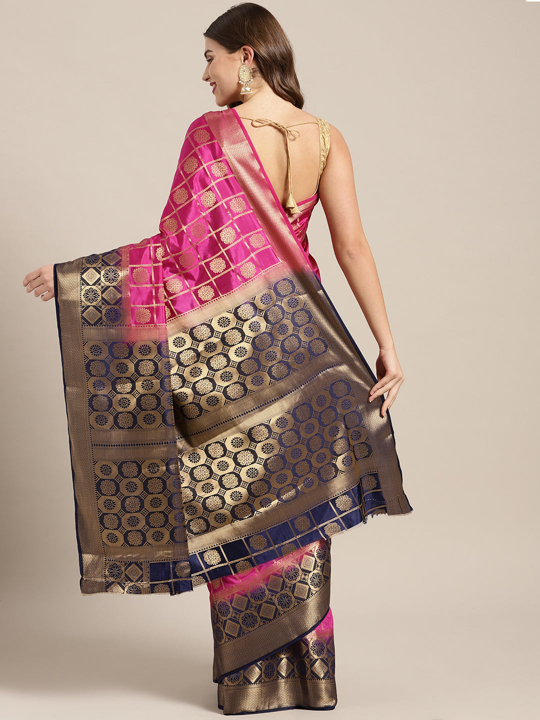 Checked Gharchola Pattern Banarasi Saree with Gold Zari Weaving