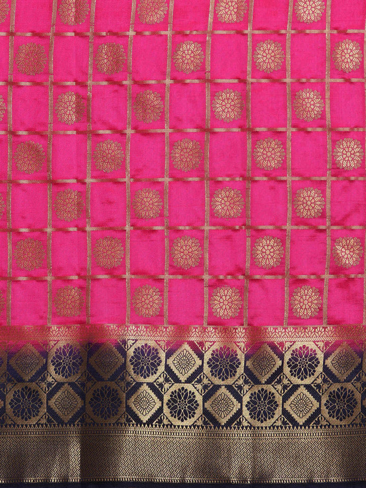 Checked Gharchola Pattern Banarasi Saree with Gold Zari Weaving