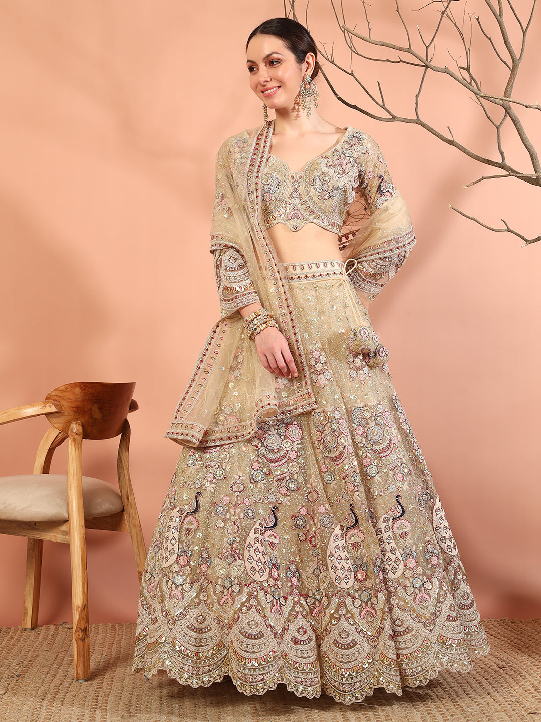 Peacock Theme Resham Embroidery & Sequined Choli Lehenga Set with Scalloped Jewel Hemline