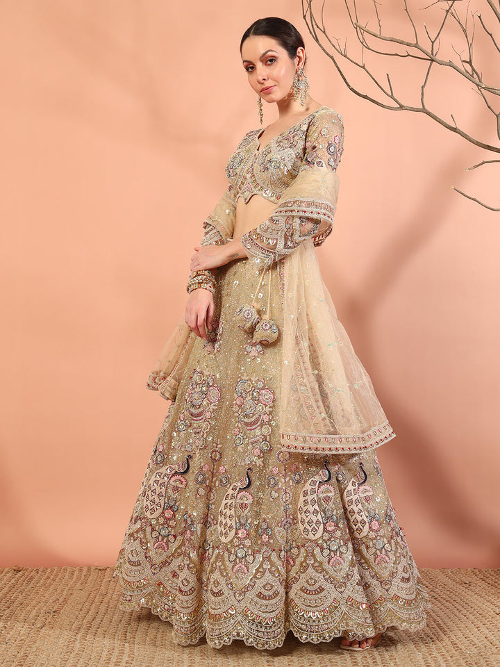 Peacock Theme Resham Embroidery & Sequined Choli Lehenga Set with Scalloped Jewel Hemline