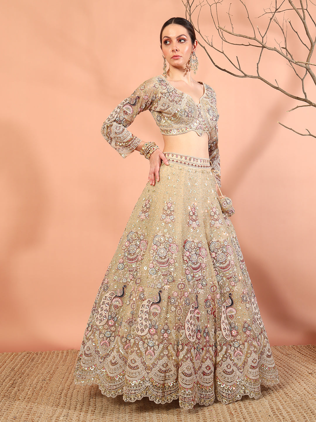 Peacock Theme Resham Embroidery & Sequined Choli Lehenga Set with Scalloped Jewel Hemline