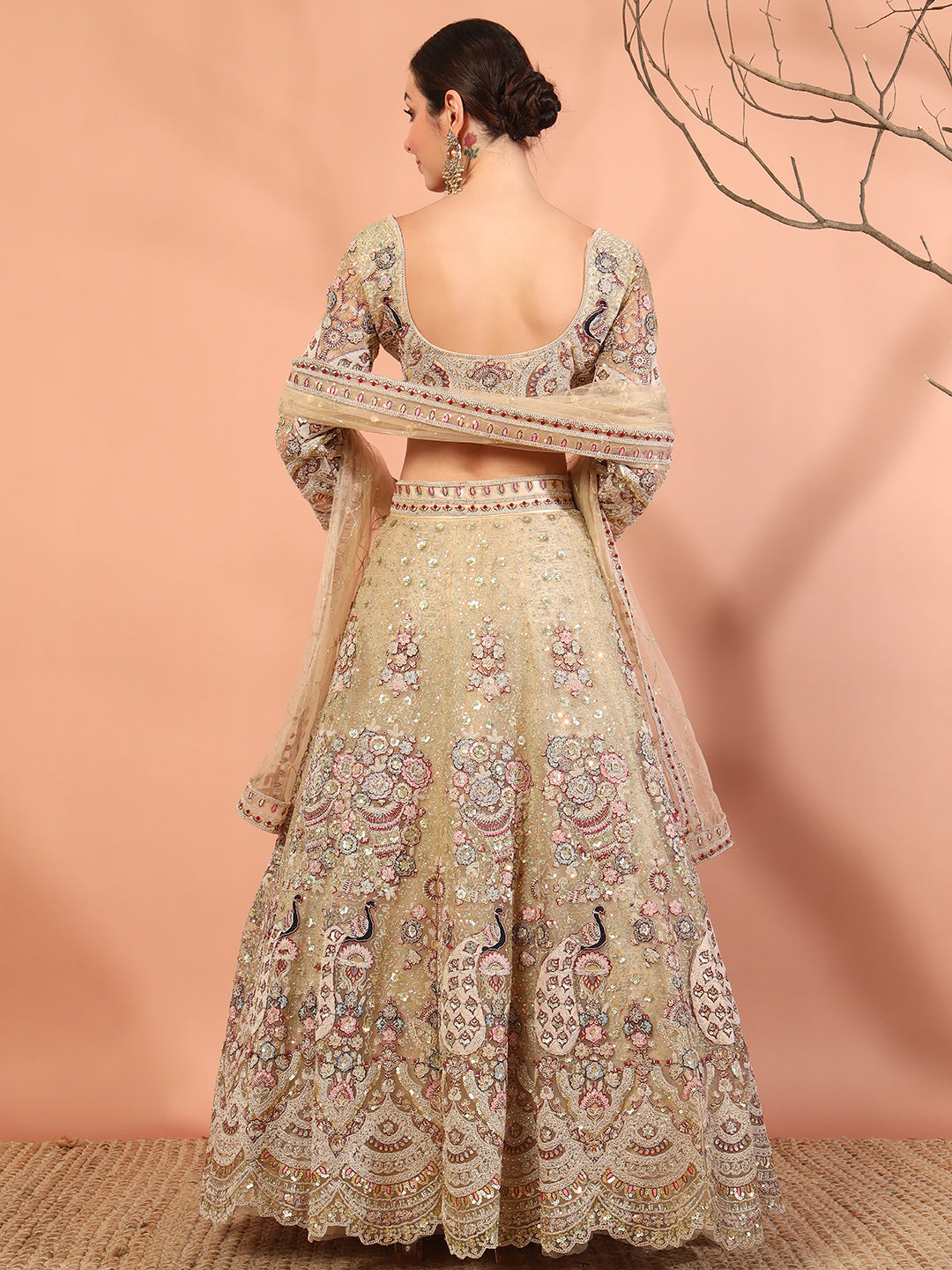 Peacock Theme Resham Embroidery & Sequined Choli Lehenga Set with Scalloped Jewel Hemline