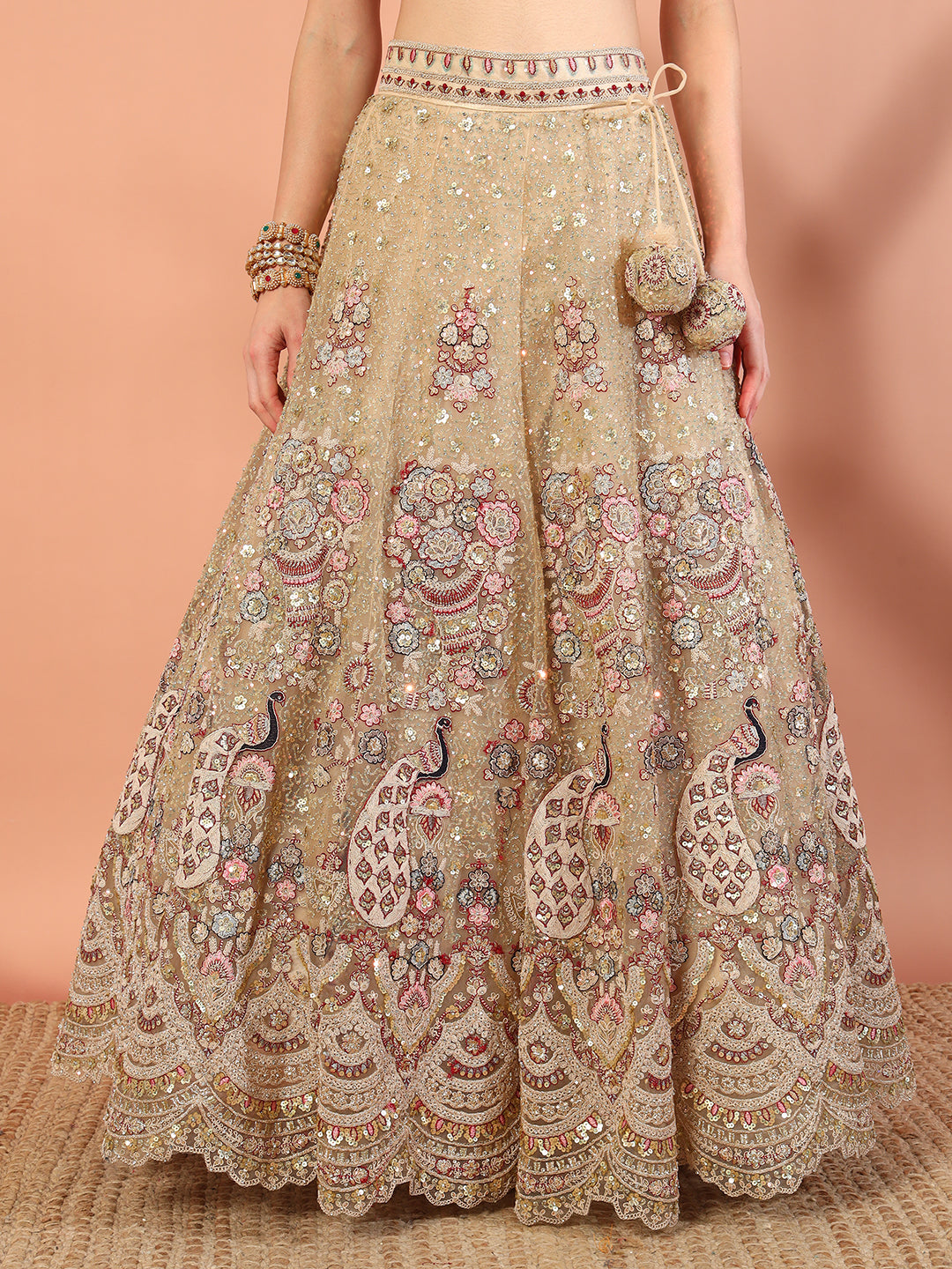 Peacock Theme Resham Embroidery & Sequined Choli Lehenga Set with Scalloped Jewel Hemline
