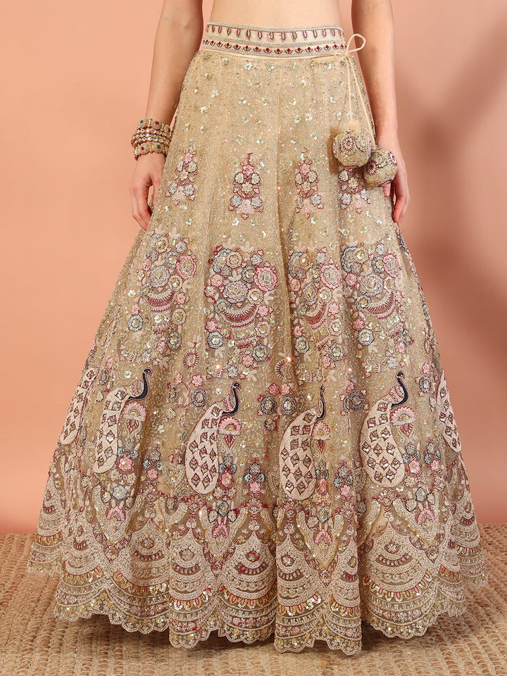Peacock Theme Resham Embroidery & Sequined Choli Lehenga Set with Scalloped Jewel Hemline