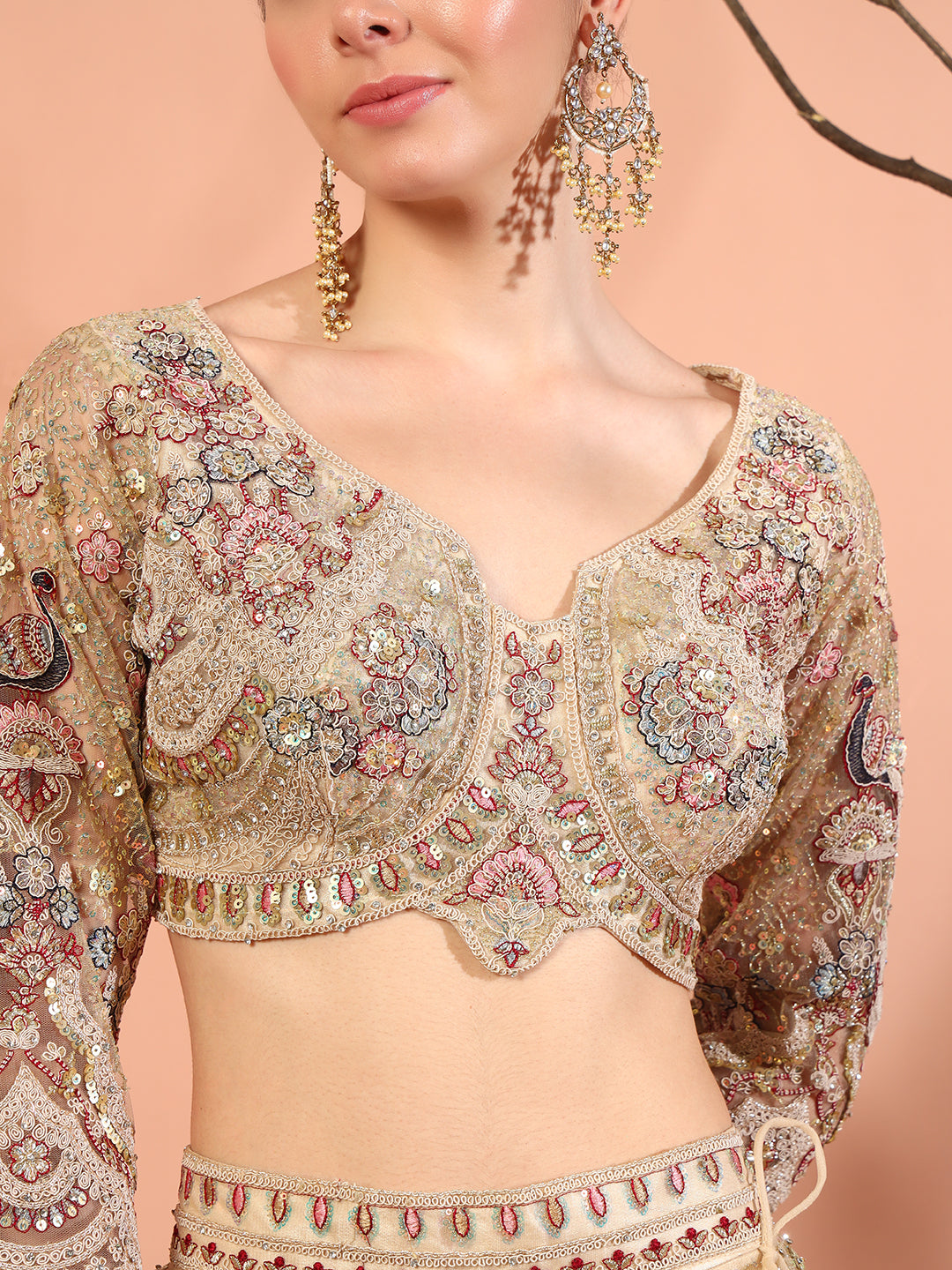 Peacock Theme Resham Embroidery & Sequined Choli Lehenga Set with Scalloped Jewel Hemline
