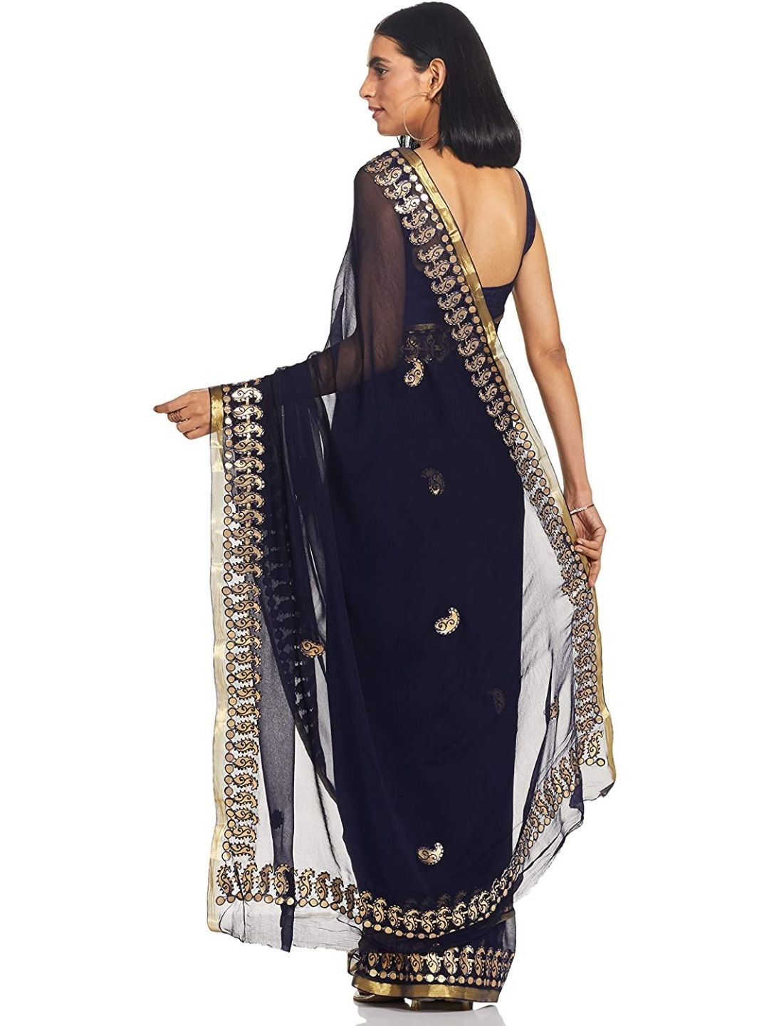 Resham and Gotta Patti Embroidered Chiffon Navy Blue Saree