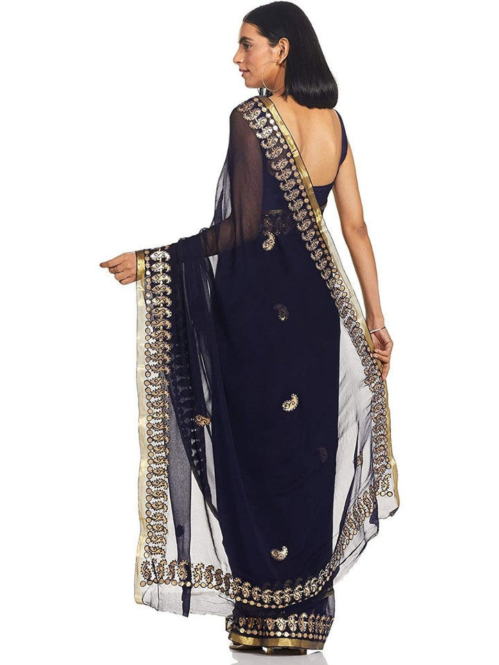 Resham and Gotta Patti Embroidered Chiffon Navy Blue Saree