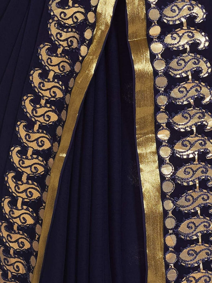Resham and Gotta Patti Embroidered Chiffon Navy Blue Saree