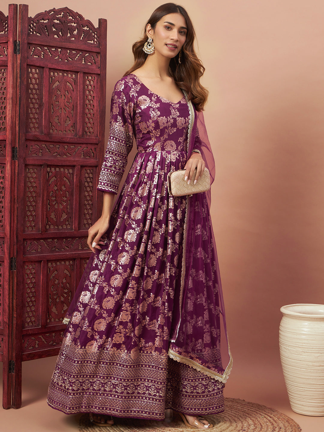 Chhabra 555 Burgundy Banarasi Brocade Anarkali Party Wear Long Gown Dress With Embellished Dupatta