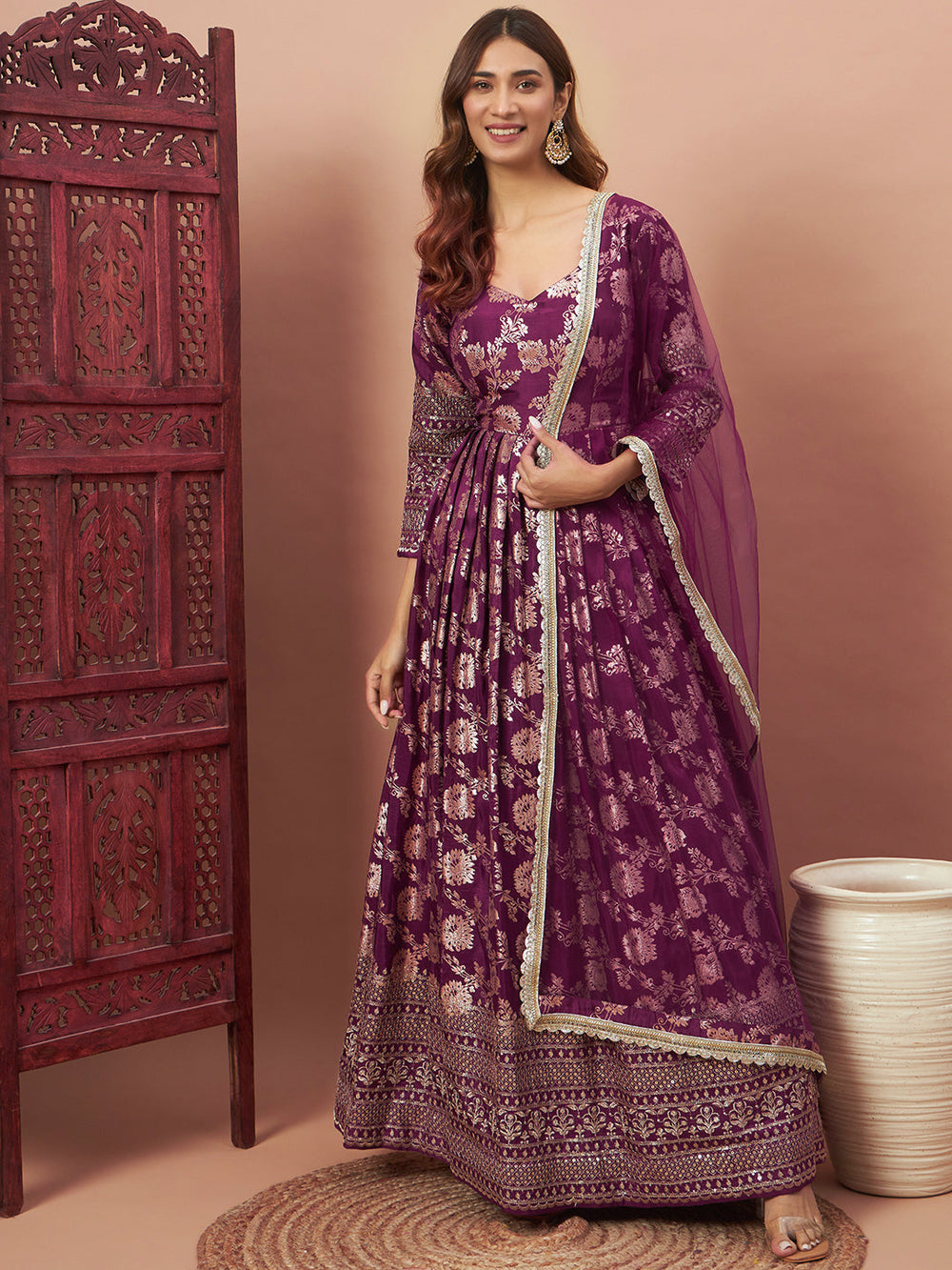 Chhabra 555 Burgundy Banarasi Brocade Anarkali Party Wear Long Gown Dress With Embellished Dupatta