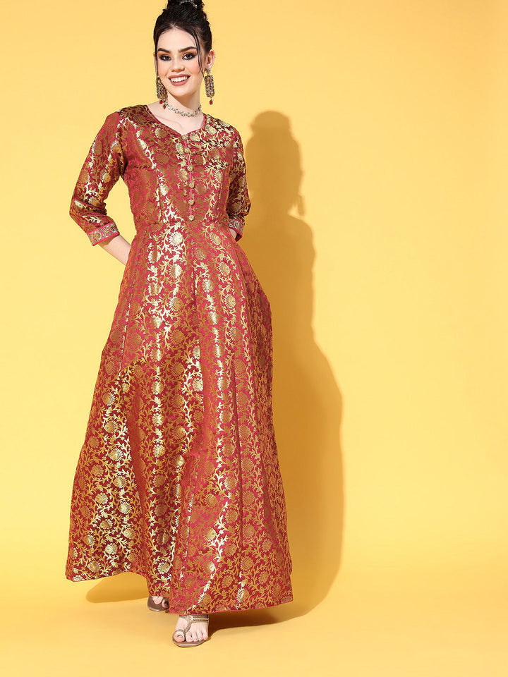 Made to Measure Maroon Banarasi Brocade Long Anarkali Gown