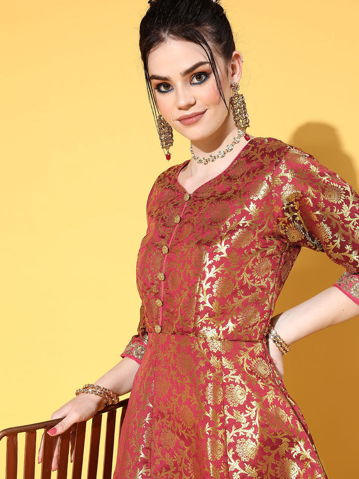 Made to Measure Maroon Banarasi Brocade Long Anarkali Gown