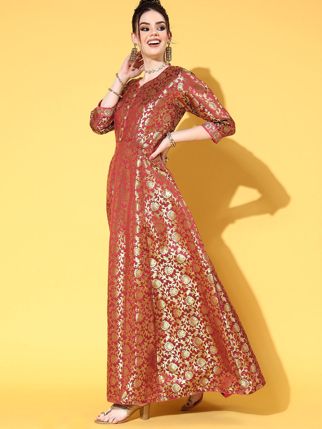 Made to Measure Maroon Banarasi Brocade Long Anarkali Gown