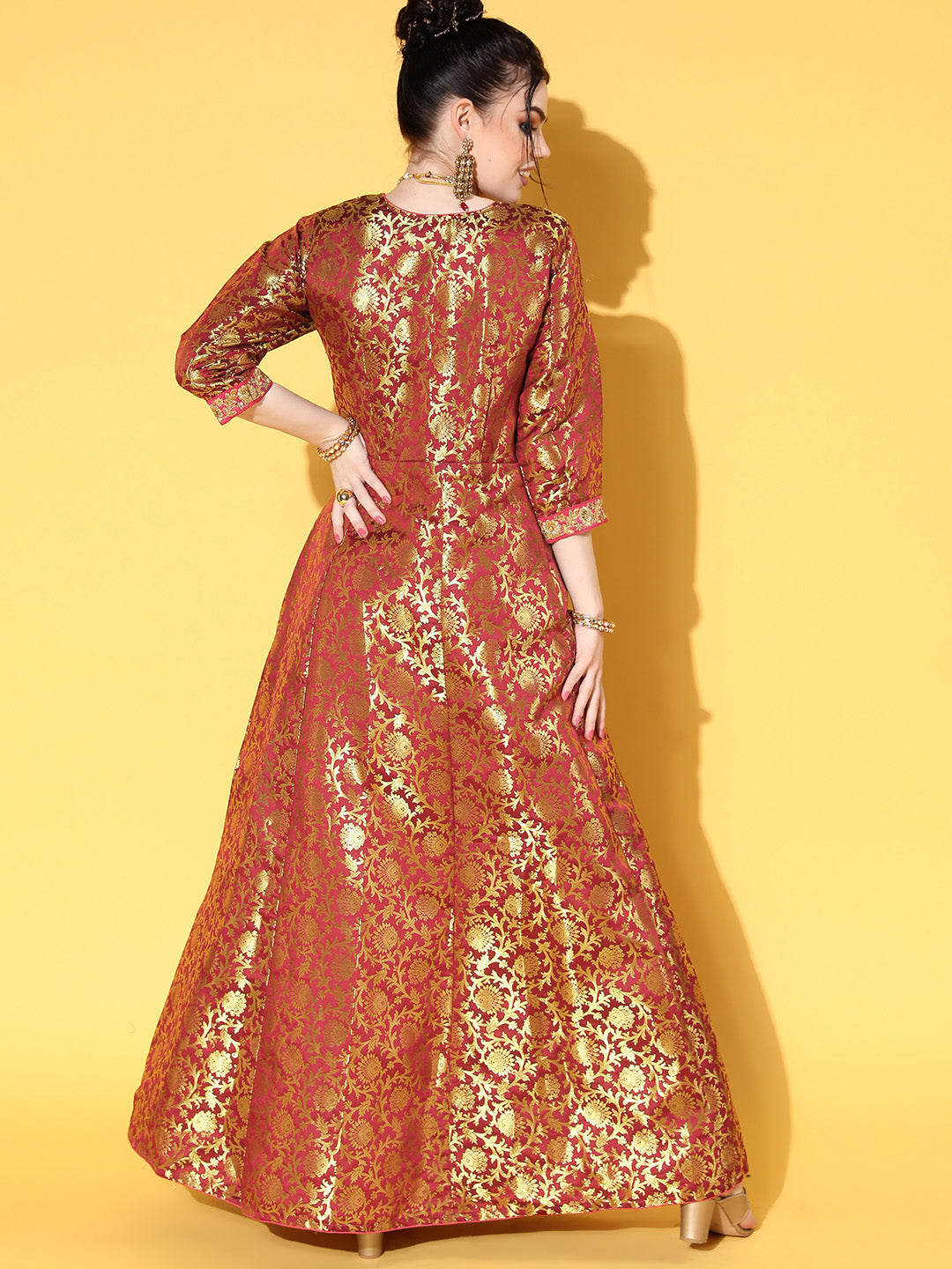 Made to Measure Maroon Banarasi Brocade Long Anarkali Gown