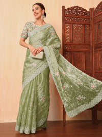 Chhabra 555 Floral Resham Embroidered & Sequence Embellished Saree with Scalloped Cutwork Border