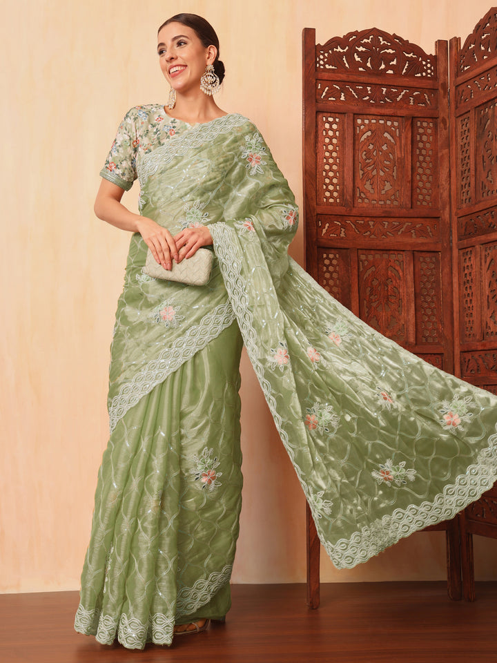 Chhabra 555 Floral Resham Embroidered & Sequence Embellished Saree with Scalloped Cutwork Border