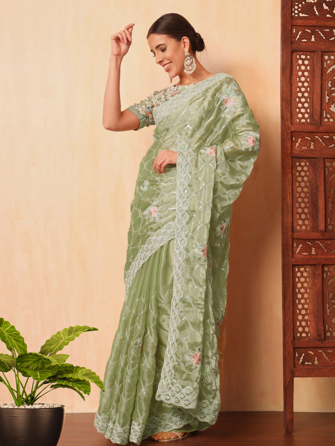 Floral Sequence Embellished Saree with Cutwork Border