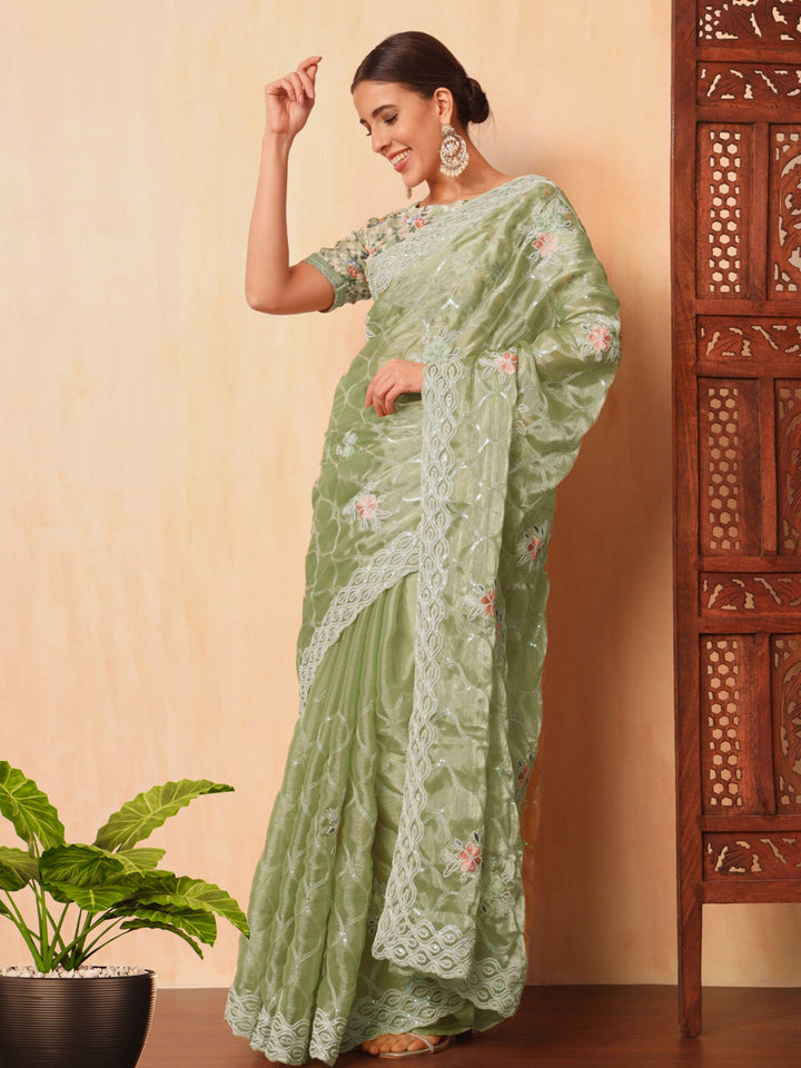 Floral Sequence Embellished Saree with Cutwork Border