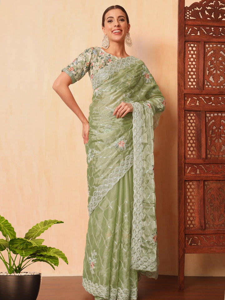 Floral Sequence Embellished Saree with Cutwork Border