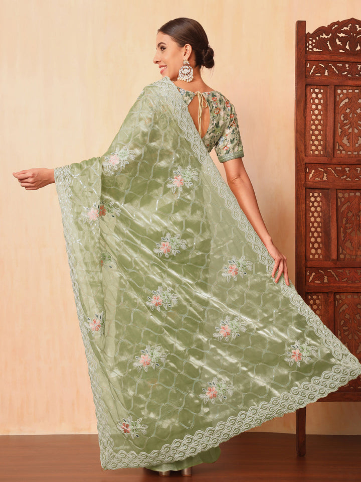 Floral Sequence Embellished Saree with Cutwork Border