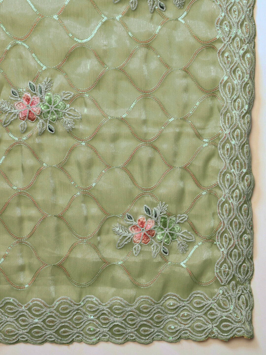 Floral Sequence Embellished Saree with Cutwork Border