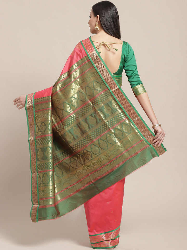Kanjiwaram Dupion Silk saree with Zari Weaving Contrast Border and Rich Temple  Pallu