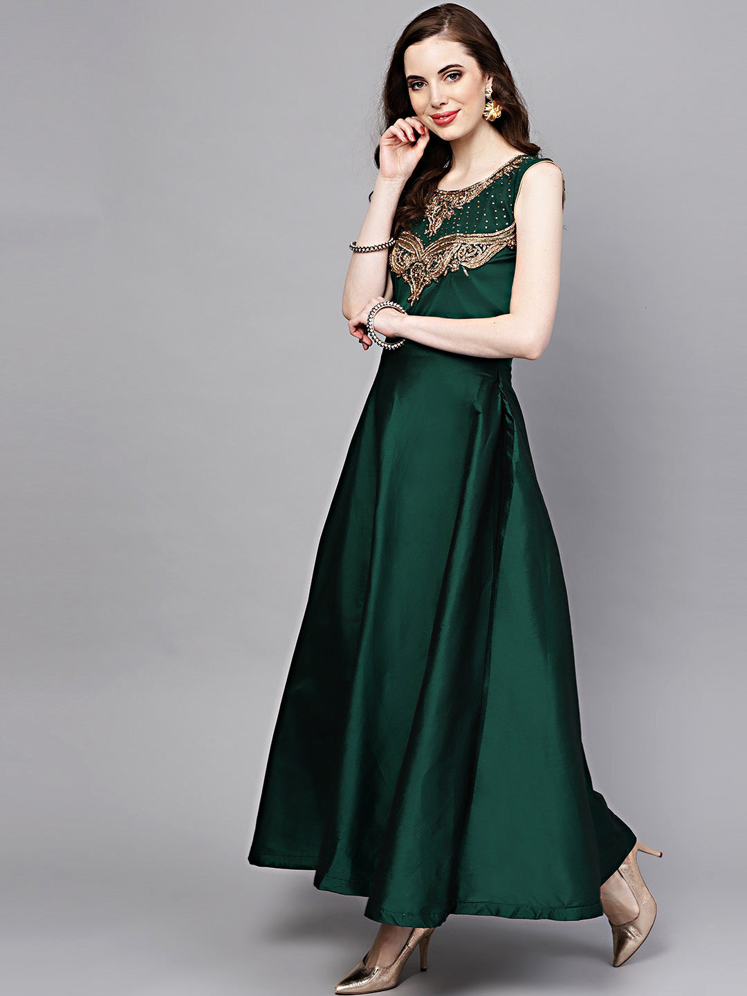 Jewelled Neckline Silk Floor Length Flared Suit