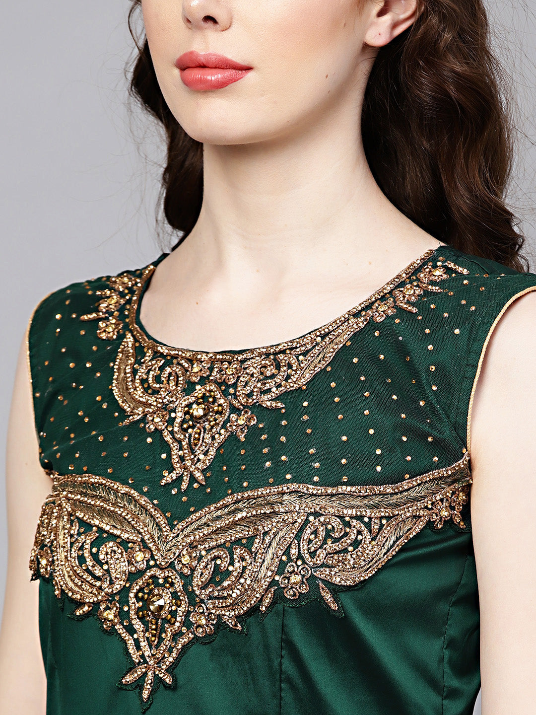 Jewelled Neckline Silk Floor Length Flared Suit