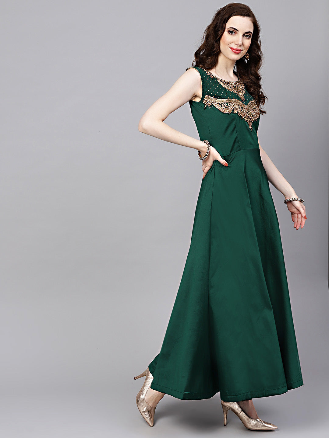 Jewelled Neckline Silk Floor Length Flared Suit