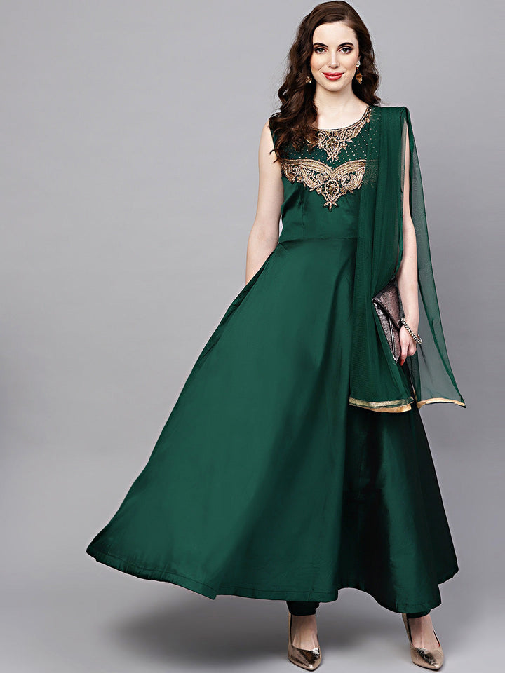 Jewelled Neckline Silk Floor Length Flared Suit