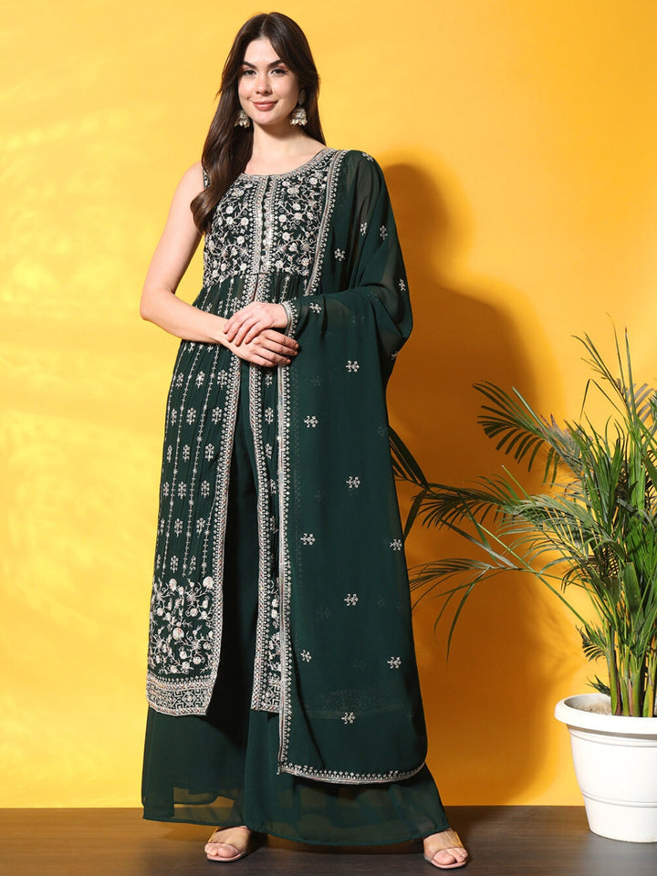 Bottle Green Pleated Front Slit Kurta Palazzo Set