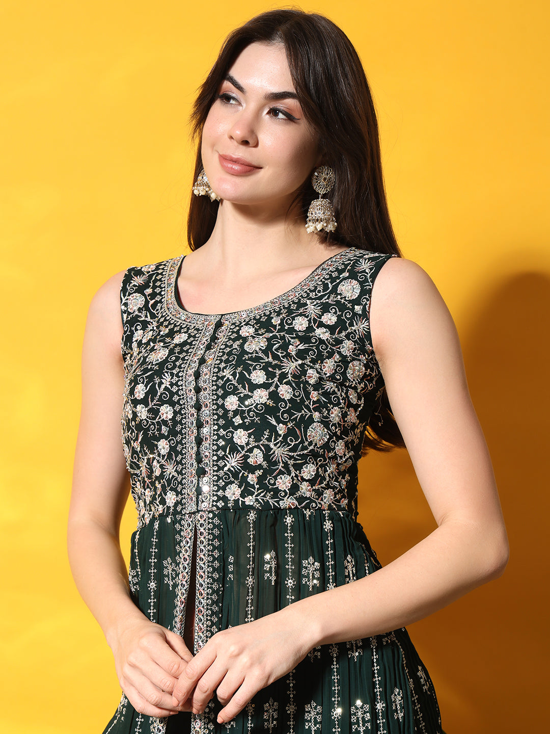 Bottle Green Pleated Front Slit Kurta Palazzo Set
