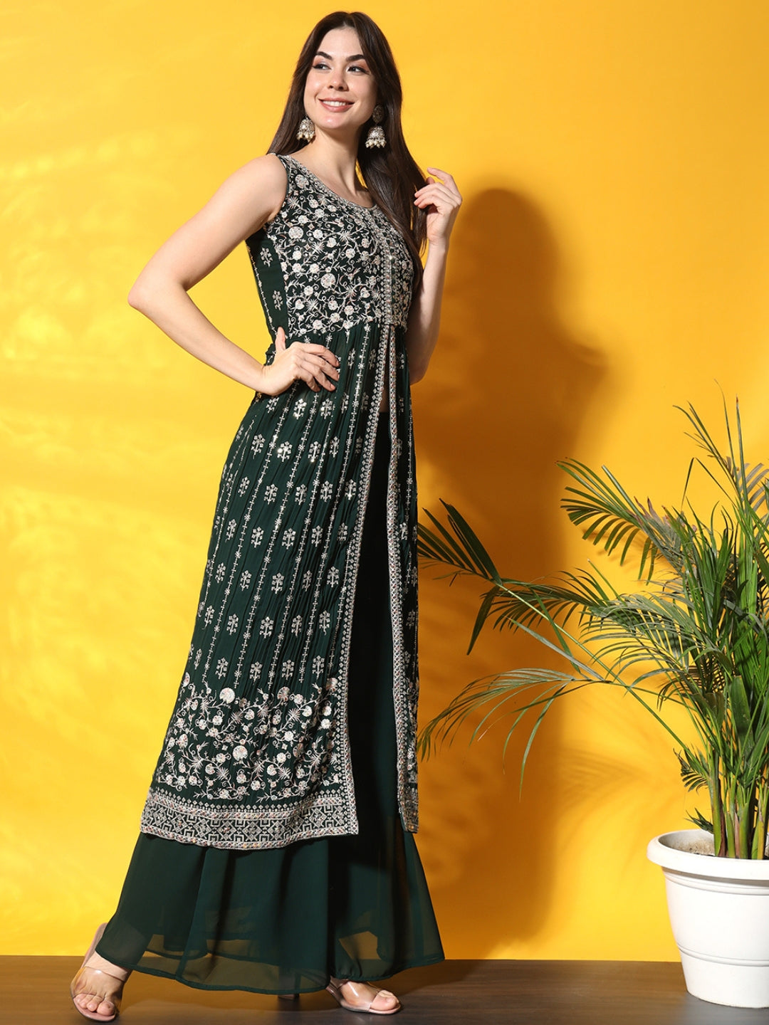 Bottle Green Pleated Front Slit Kurta Palazzo Set