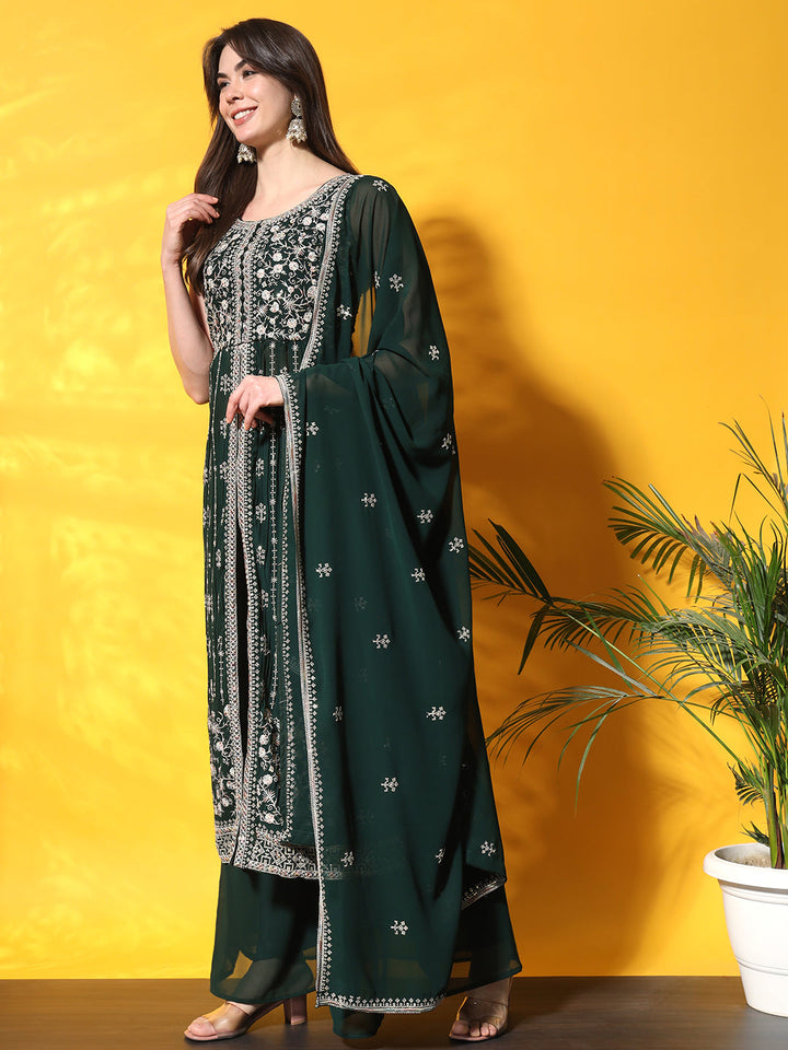 Bottle Green Pleated Front Slit Kurta Palazzo Set