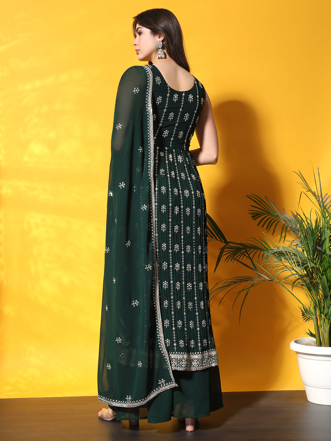 Bottle Green Pleated Front Slit Kurta Palazzo Set