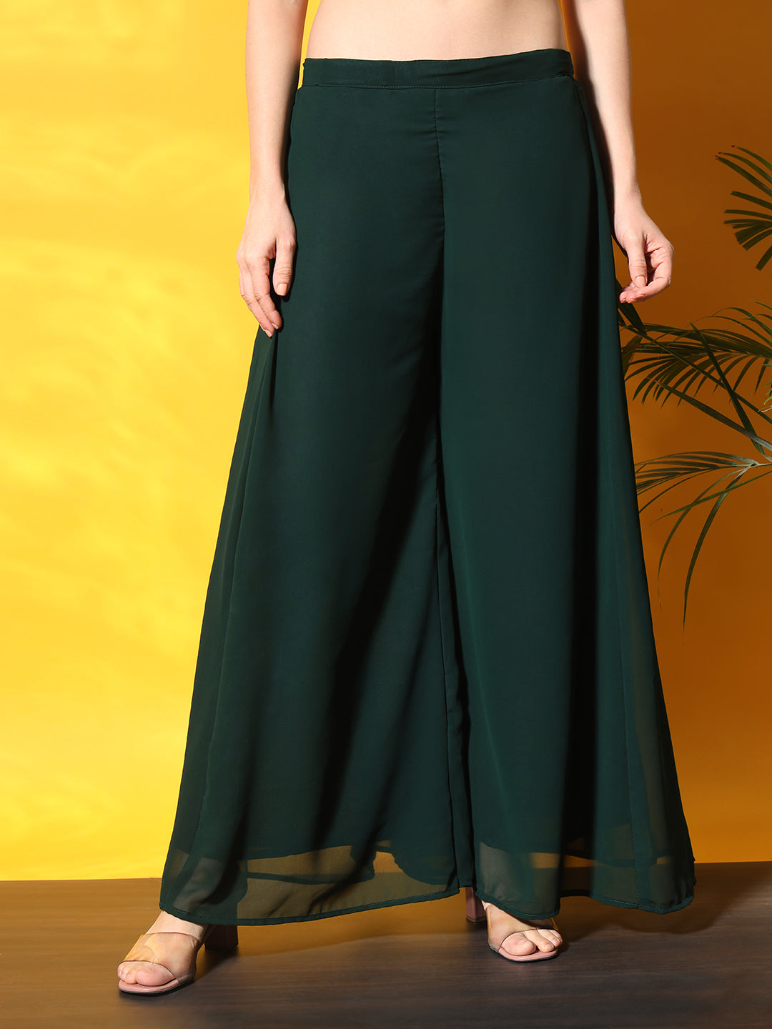 Bottle Green Pleated Front Slit Kurta Palazzo Set