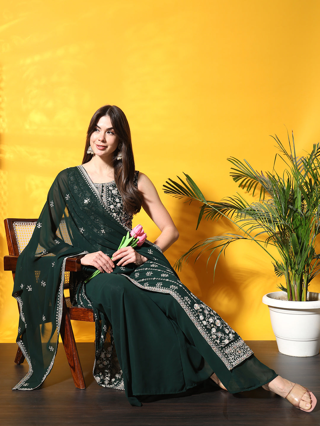 Bottle Green Pleated Front Slit Kurta Palazzo Set