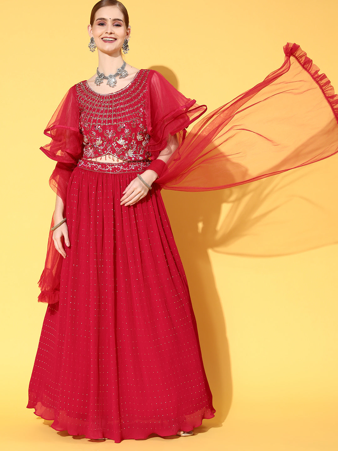 Crystal Embellished Pleated Lehanga Set with Flared Sleeves
