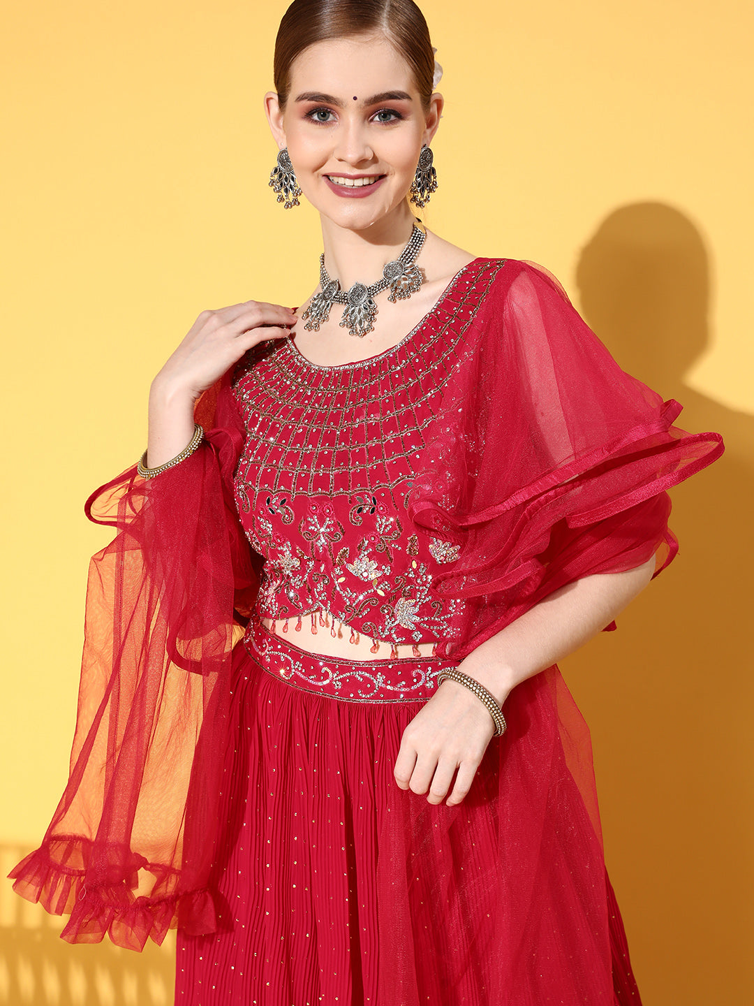Crystal Embellished Pleated Lehanga Set with Flared Sleeves