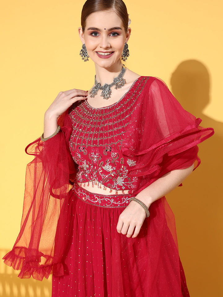 Crystal Embellished Pleated Lehanga Set with Flared Sleeves