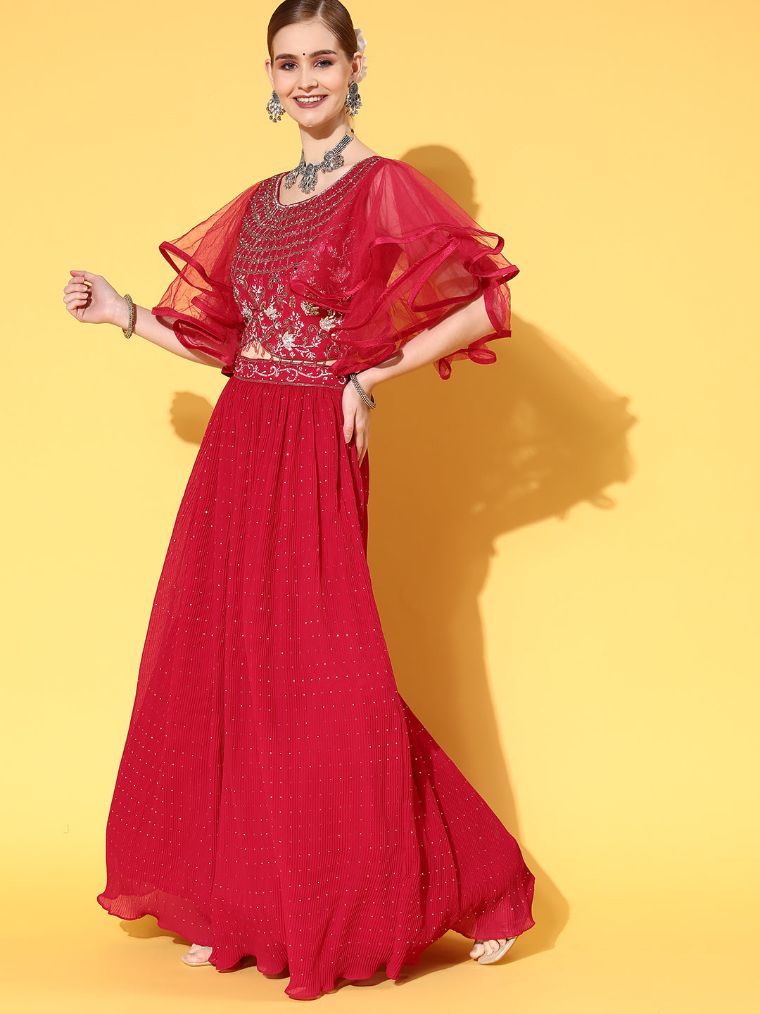 Crystal Embellished Pleated Lehanga Set with Flared Sleeves