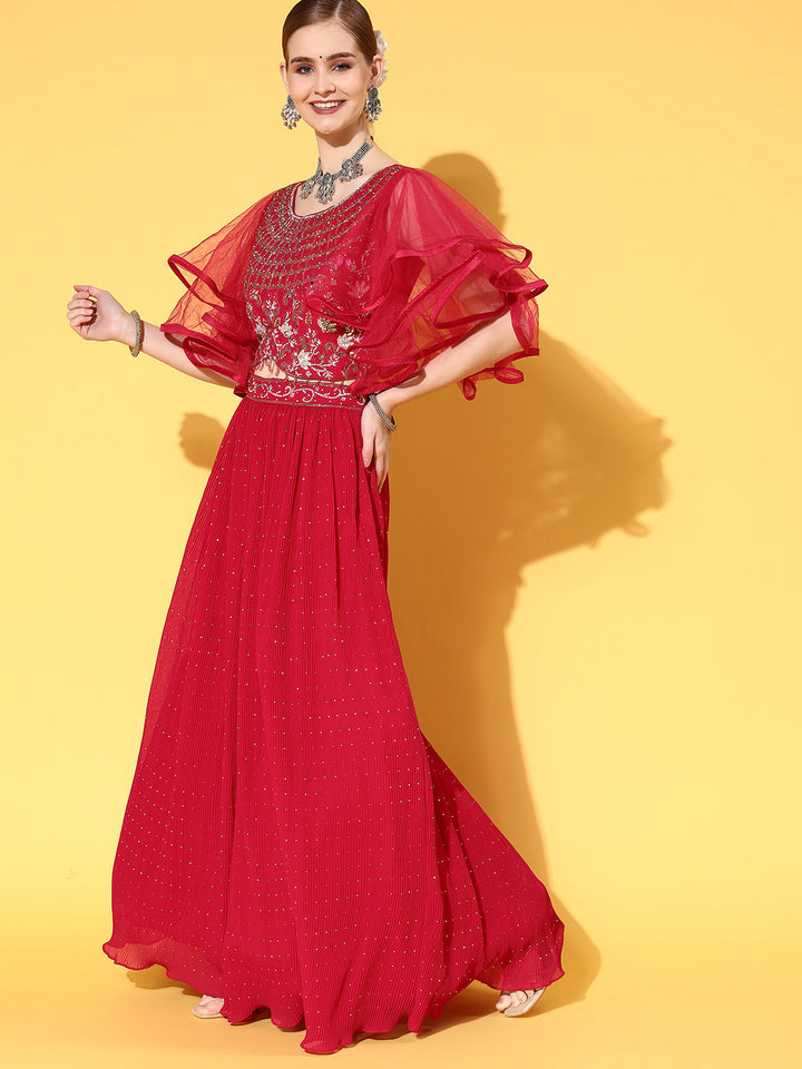 Crystal Embellished Pleated Lehanga Set with Flared Sleeves